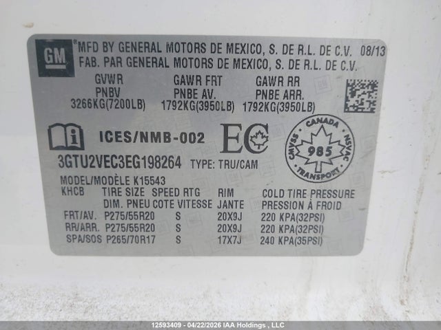 12593409 :رقم المزاد ، 3GTU2VEC3EG198264 vin ، 2014 Gmc Sierra 1500 Slt مزاد بيع