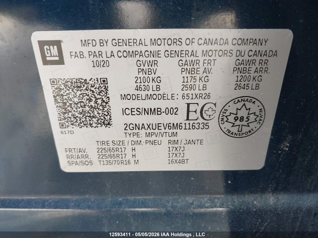 Aukcja sprzedaży 2021 Chevrolet Equinox Lt, vin: 2GNAXUEV6M6116335, numer aukcji: 12593411