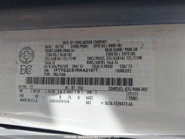 Продажа на аукционе авто 2024 Ford Transit-150 Cargo, vin: 1FTYE2C81RKA21877, номер лота: 12593420