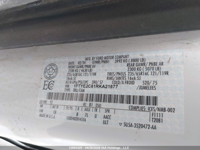Продажа на аукционе авто 2024 Ford Transit-150 Cargo, vin: 1FTYE2C81RKA21877, номер лота: 12593420