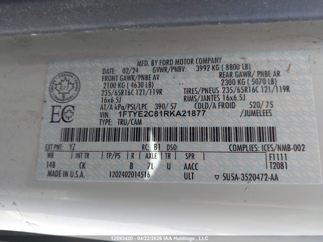 Продажа на аукционе авто 2024 Ford Transit-150 Cargo, vin: 1FTYE2C81RKA21877, номер лота: 12593420