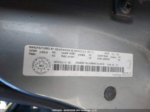 Aukcja sprzedaży 2011 Volkswagen Jetta, vin: 3VWDK7AJ0BM031659, numer aukcji: 12593436