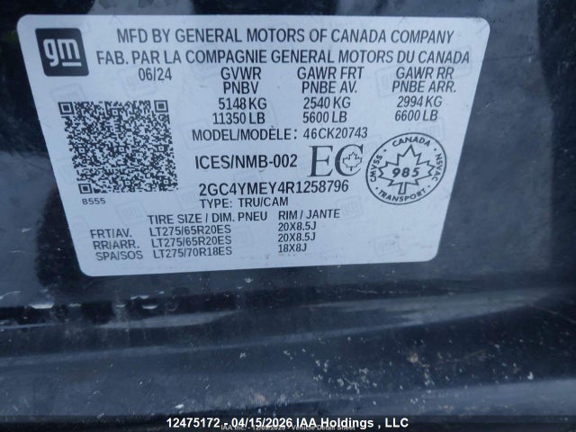 12475172 :رقم المزاد ، 2GC4YMEY4R1258796 vin ، 2024 Chevrolet Silverado 2500hd Custom مزاد بيع
