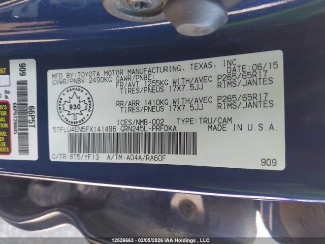 2015 Toyota Tacoma V6 მანქანა იყიდება აუქციონზე, vin: 5TFLU4EN5FX141496, აუქციონის ნომერი: 12526663