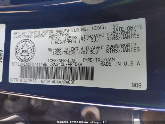2015 Toyota Tacoma V6 მანქანა იყიდება აუქციონზე, vin: 5TFLU4EN5FX141496, აუქციონის ნომერი: 12526663
