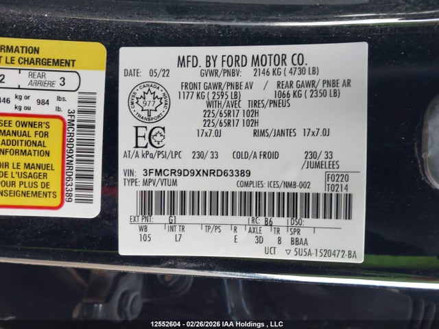 3FMCR9D9XNRD63389 Ford Bronco Sport Badlands