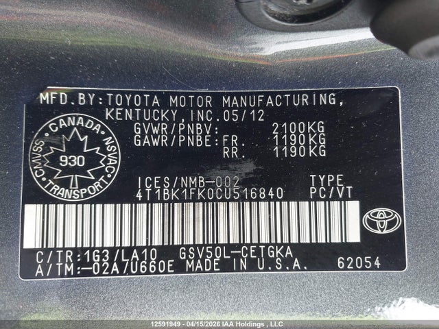 2012 Toyota Camry Xle V6 მანქანა იყიდება აუქციონზე, vin: 4T1BK1FK0CU516840, აუქციონის ნომერი: 12591949