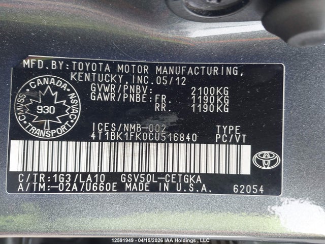 2012 Toyota Camry Xle V6 მანქანა იყიდება აუქციონზე, vin: 4T1BK1FK0CU516840, აუქციონის ნომერი: 12591949