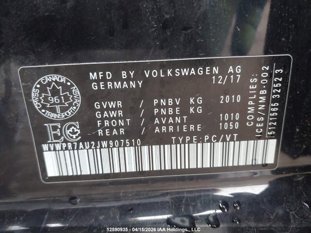 12590935 :رقم المزاد ، WVWPR7AU2JW907510 vin ، 2018 Volkswagen E-golf Comfortline مزاد بيع