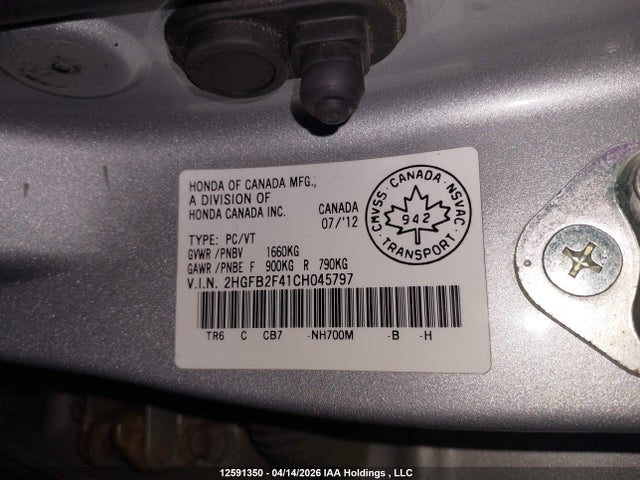 Продаж на аукціоні авто 2012 Honda Civic Lx, vin: 2HGFB2F41CH045797, номер лоту: 12591350