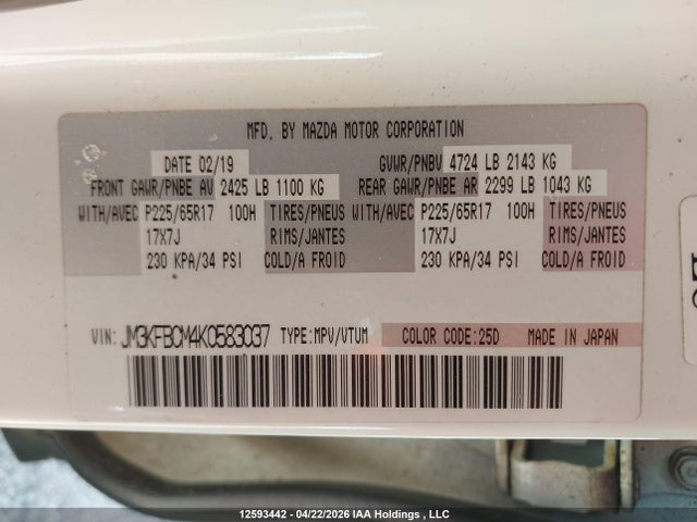Aukcja sprzedaży 2019 Mazda Cx-5, vin: JM3KFBCM4K0583037, numer aukcji: 12593442