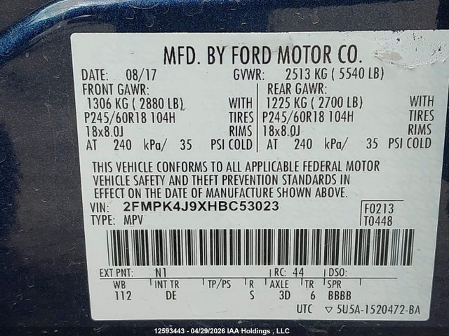12593443 :رقم المزاد ، 2FMPK4J9XHBC53023 vin ، 2017 Ford Edge Sel مزاد بيع