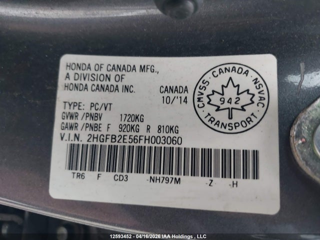Продаж на аукціоні авто 2015 Honda Civic Lx, vin: 2HGFB2E56FH003060, номер лоту: 12593452