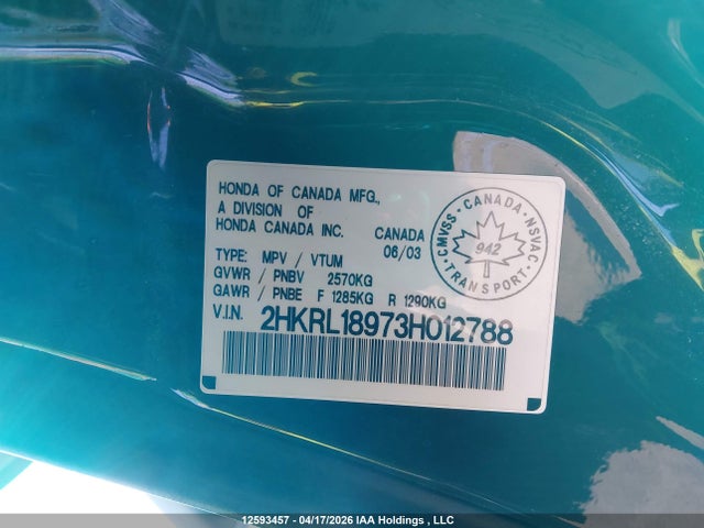 Aukcja sprzedaży 2003 Honda Odyssey Ex-l, vin: 2HKRL18973H012788, numer aukcji: 12593457
