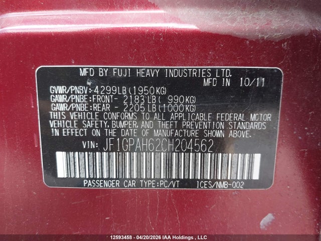 12593458 :رقم المزاد ، JF1GPAH62CH204562 vin ، 2012 Subaru Impreza مزاد بيع