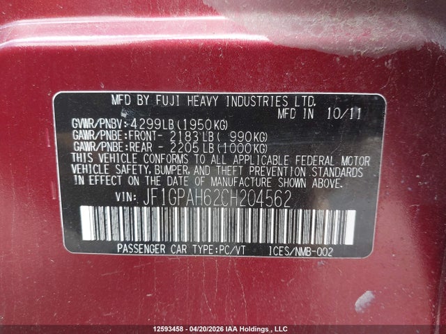 12593458 :رقم المزاد ، JF1GPAH62CH204562 vin ، 2012 Subaru Impreza مزاد بيع