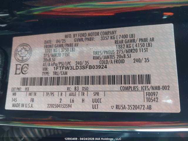 Aukcja sprzedaży 2025 Ford F-150 Xlt, vin: 1FTFW3LD3SFB03924, numer aukcji: 12593459