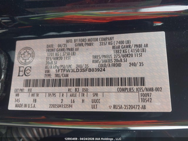 Aukcja sprzedaży 2025 Ford F-150 Xlt, vin: 1FTFW3LD3SFB03924, numer aukcji: 12593459