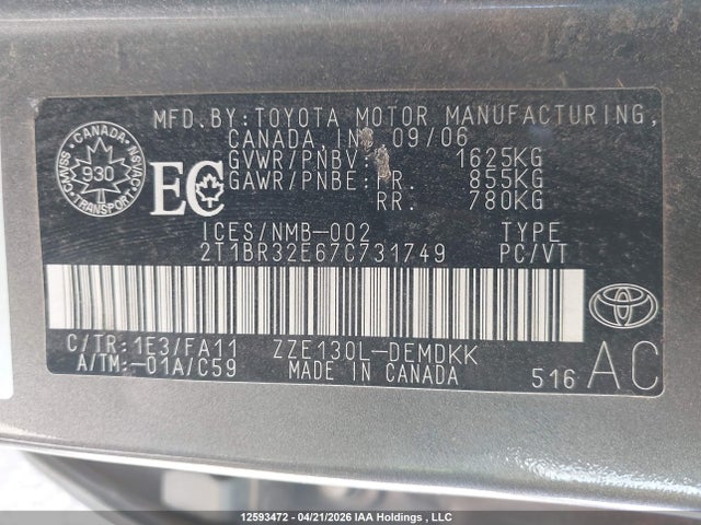 Продаж на аукціоні авто 2007 Toyota Corolla Ce/le/sport, vin: 2T1BR32E67C731749, номер лоту: 12593472