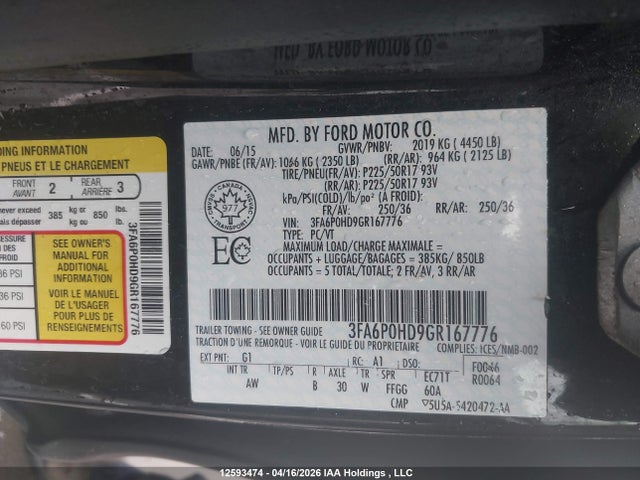 2016 Ford Fusion Se მანქანა იყიდება აუქციონზე, vin: 3FA6P0HD9GR167776, აუქციონის ნომერი: 12593474