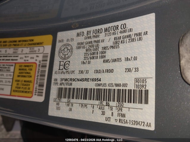 12593476 :رقم المزاد ، 3FMCR9CN4SRE16954 vin ، 2025 Ford Bronco Sport Outer Banks مزاد بيع