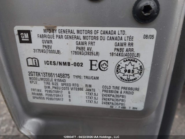 12593477 :رقم المزاد ، 2GTEK13T661145875 vin ، 2006 Gmc New Sierra K1500 مزاد بيع