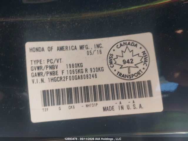2016 Honda Accord Touring მანქანა იყიდება აუქციონზე, vin: 1HGCR2F00GA808246, აუქციონის ნომერი: 12593478