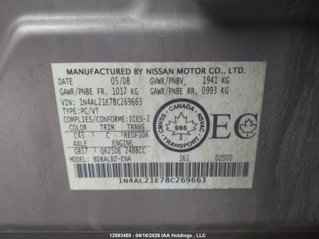 12593480 :رقم المزاد ، 1N4AL21E78C269663 vin ، 2008 Nissan Altima 2.5/2.5s مزاد بيع