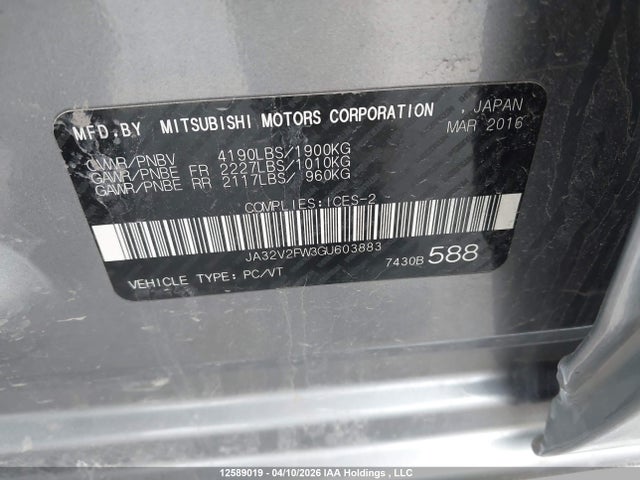 Aukcja sprzedaży 2016 Mitsubishi Lancer Es/gts/se Ltd, vin: JA32V2FW3GU603883, numer aukcji: 12589019