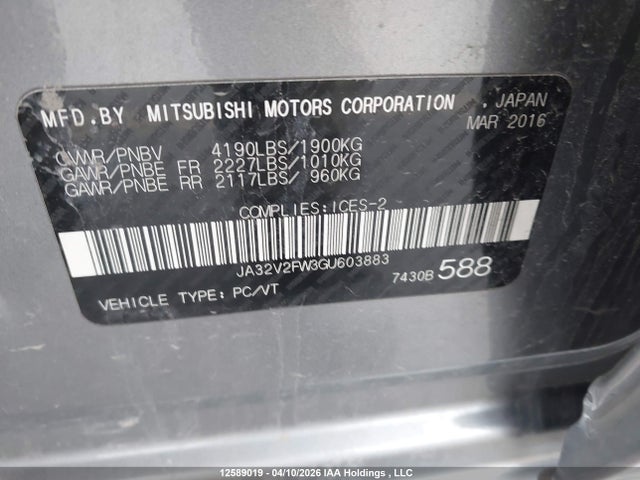 Aukcja sprzedaży 2016 Mitsubishi Lancer Es/gts/se Ltd, vin: JA32V2FW3GU603883, numer aukcji: 12589019