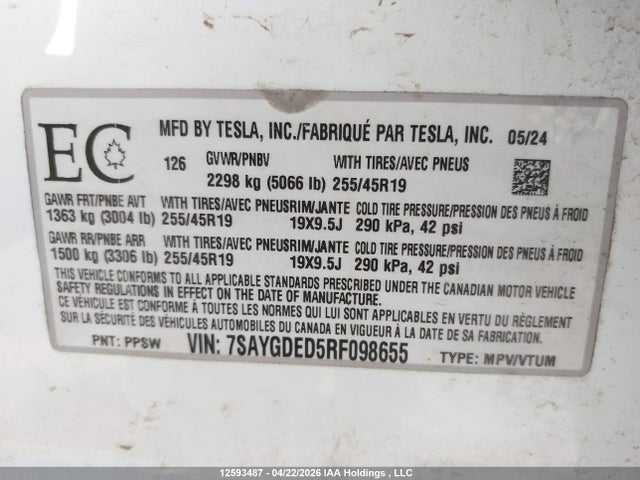 12593487 :رقم المزاد ، 7SAYGDED5RF098655 vin ، 2024 Tesla Model Y Long Range/rwd مزاد بيع