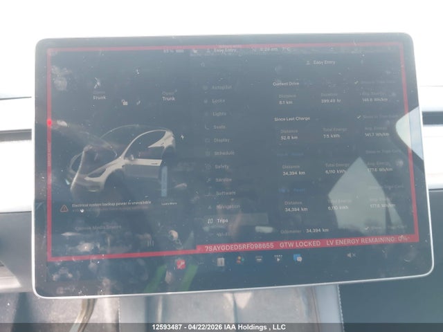 12593487 :رقم المزاد ، 7SAYGDED5RF098655 vin ، 2024 Tesla Model Y Long Range/rwd مزاد بيع