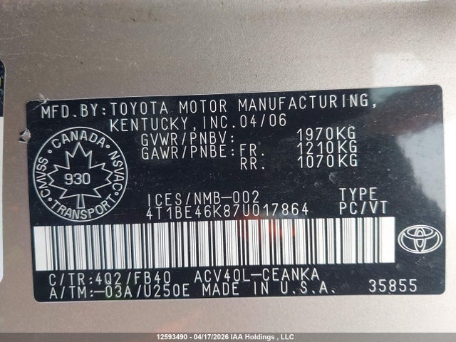 2007 Toyota Camry Le/se მანქანა იყიდება აუქციონზე, vin: 4T1BE46K87U017864, აუქციონის ნომერი: 12593490