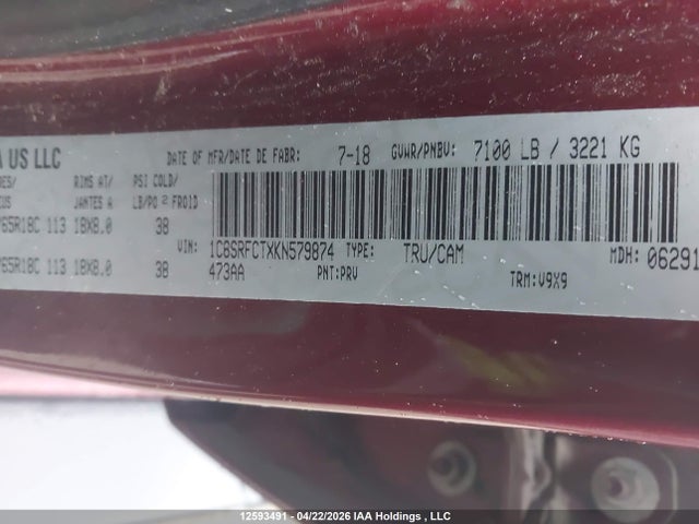 12593491 :رقم المزاد ، 1C6SRFCTXKN579874 vin ، 2019 Ram 1500 Tradesman مزاد بيع
