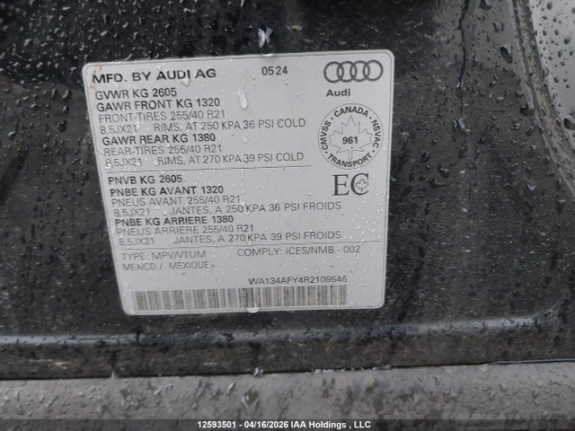 2024 Audi Sq5 Sportback Prestige მანქანა იყიდება აუქციონზე, vin: WA134AFY4R2109545, აუქციონის ნომერი: 12593501