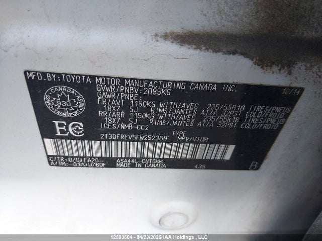 2015 Toyota Rav4 Limited მანქანა იყიდება აუქციონზე, vin: 2T3DFREV5FW252369, აუქციონის ნომერი: 12593504