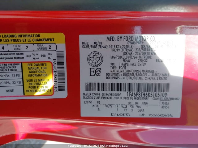 1FA6P8TH6K5105109 Ford Mustang