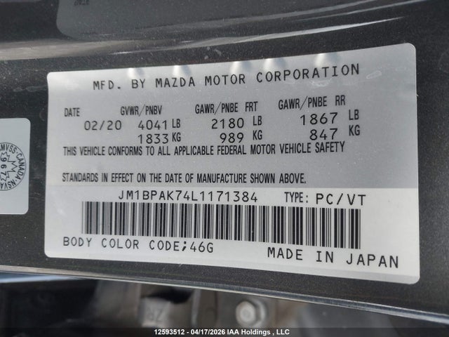 Aukcja sprzedaży 2020 Mazda Mazda3 Gx, vin: JM1BPAK74L1171384, numer aukcji: 12593512