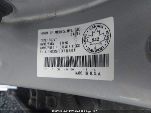 Продаж на аукціоні авто 2015 Honda Accord, vin: 1HGCR2F30FA806604, номер лоту: 12593514