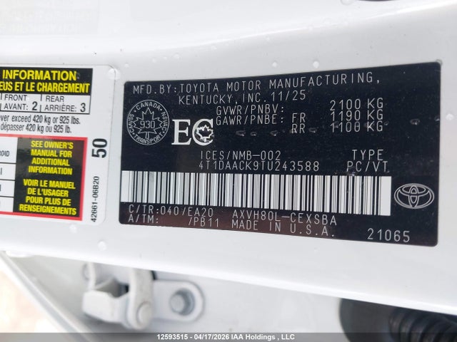 2026 Toyota Camry Hybrid Se Fwd მანქანა იყიდება აუქციონზე, vin: 4T1DAACK9TU243588, აუქციონის ნომერი: 12593515