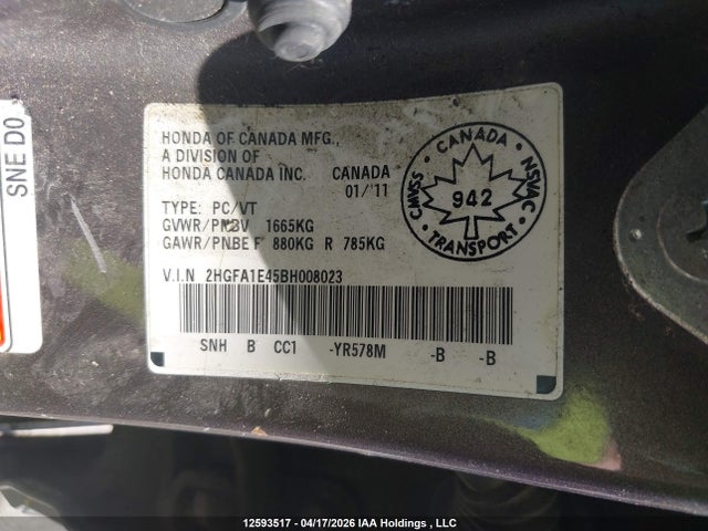 2011 Honda Civic Dx-g მანქანა იყიდება აუქციონზე, vin: 2HGFA1E45BH008023, აუქციონის ნომერი: 12593517