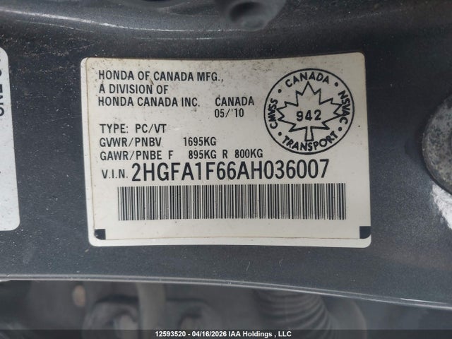 Aukcja sprzedaży 2010 Honda Civic, vin: 2HGFA1F66AH036007, numer aukcji: 12593520