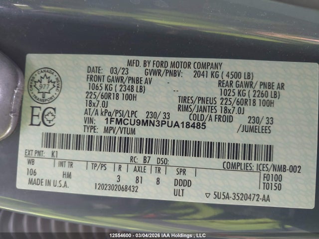 Продаж на аукціоні авто 2023 Ford Escape St-line, vin: 1FMCU9MN3PUA18485, номер лоту: 12554600
