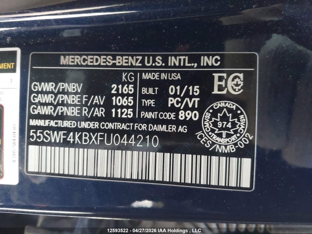 Aukcja sprzedaży 2015 Mercedes-benz C 300 4matic, vin: 55SWF4KBXFU044210, numer aukcji: 12593522