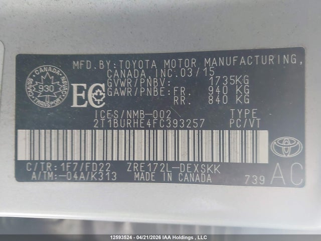 2T1BURHE4FC393257 Toyota Corolla S
