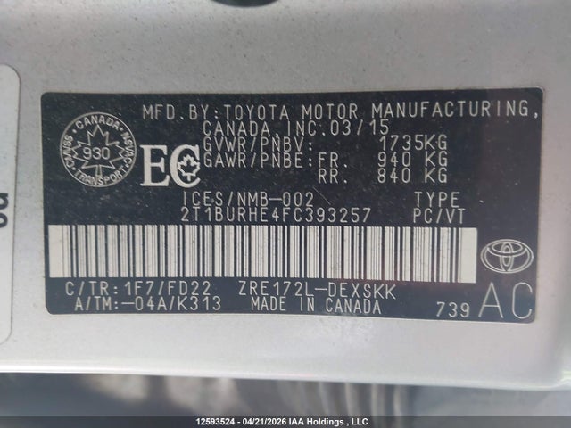 2T1BURHE4FC393257 Toyota Corolla S