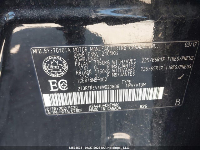 12593531 :رقم المزاد ، 2T3RFREV4HW620808 vin ، 2017 Toyota Rav4 مزاد بيع