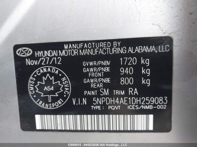 Продажа на аукционе авто 2013 Hyundai Elantra Gls/limited, vin: 5NPDH4AE1DH259083, номер лота: 12580815