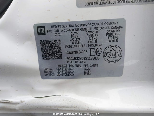 2025 Chevrolet Silverado K1500 Lt მანქანა იყიდება აუქციონზე, vin: 2GCUKDED3S1185036, აუქციონის ნომერი: 12593539