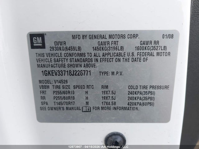 Aukcja sprzedaży 2008 Gmc Acadia Slt-2, vin: 1GKEV33718J226771, numer aukcji: 12573907